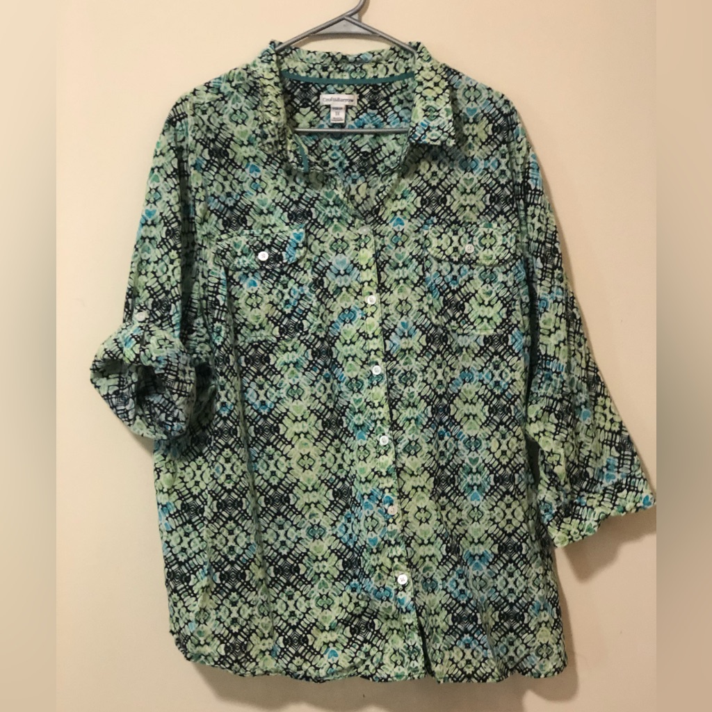 Green And Blue Vera Gated Long Sleeve Collared Button-Down Shirt. 3x